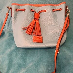 Dooney & Bourke Light Blue Leather Crossbody with tan Trim and Tassel